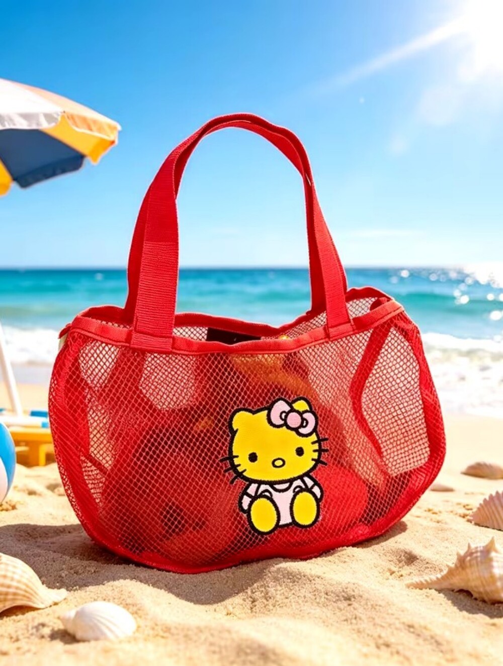 Red Mesh Tote Bag with Cute Kitty Patch